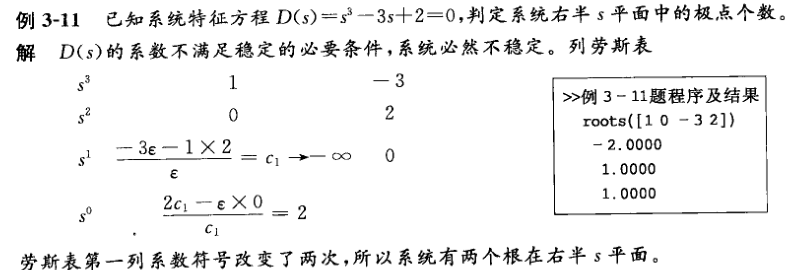 存在第一列元素为 $0$ 时劳斯表的计算(82页 例3-11) 存在第一列元素为 $0$ 时劳斯表的计算(82页 例3-11)